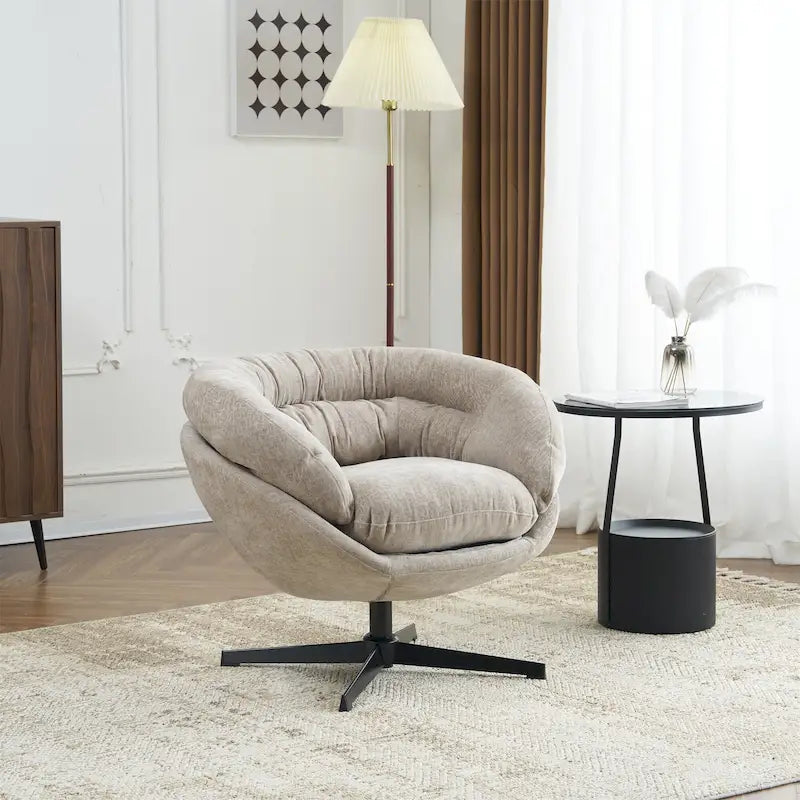 Fauteuil club/d'appoint pivotant à 360° en chenille avec coussin amovible, chaise de bureau ronde avec base en métal noir