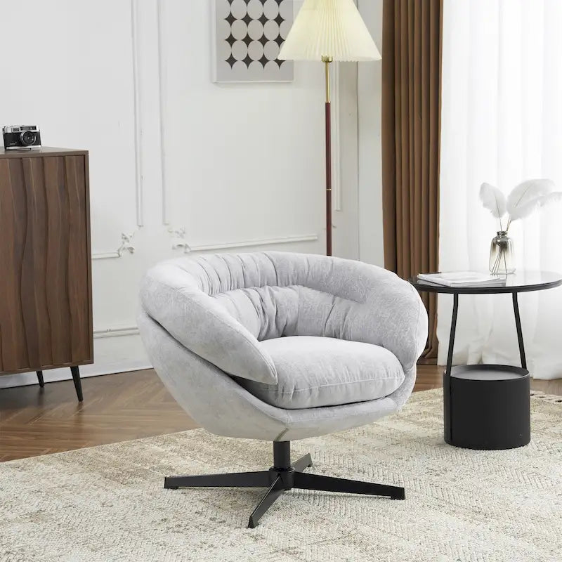 Fauteuil club/d'appoint pivotant à 360° en chenille avec coussin amovible, chaise de bureau ronde avec base en métal noir
