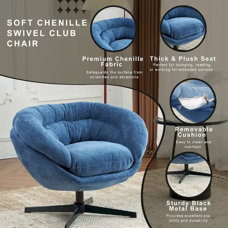 Fauteuil club/d'appoint pivotant à 360° en chenille avec coussin amovible, chaise de bureau ronde avec base en métal noir