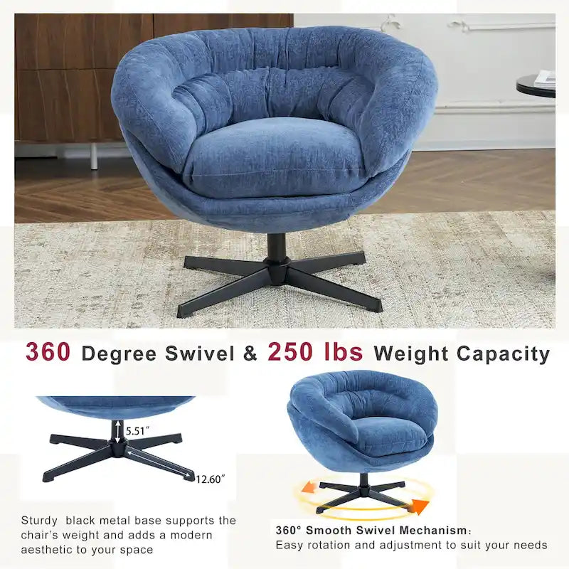 Fauteuil club/d'appoint pivotant à 360° en chenille avec coussin amovible, chaise de bureau ronde avec base en métal noir