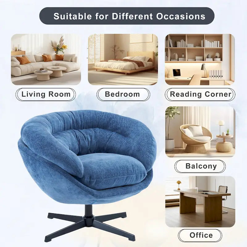Fauteuil club/d'appoint pivotant à 360° en chenille avec coussin amovible, chaise de bureau ronde avec base en métal noir