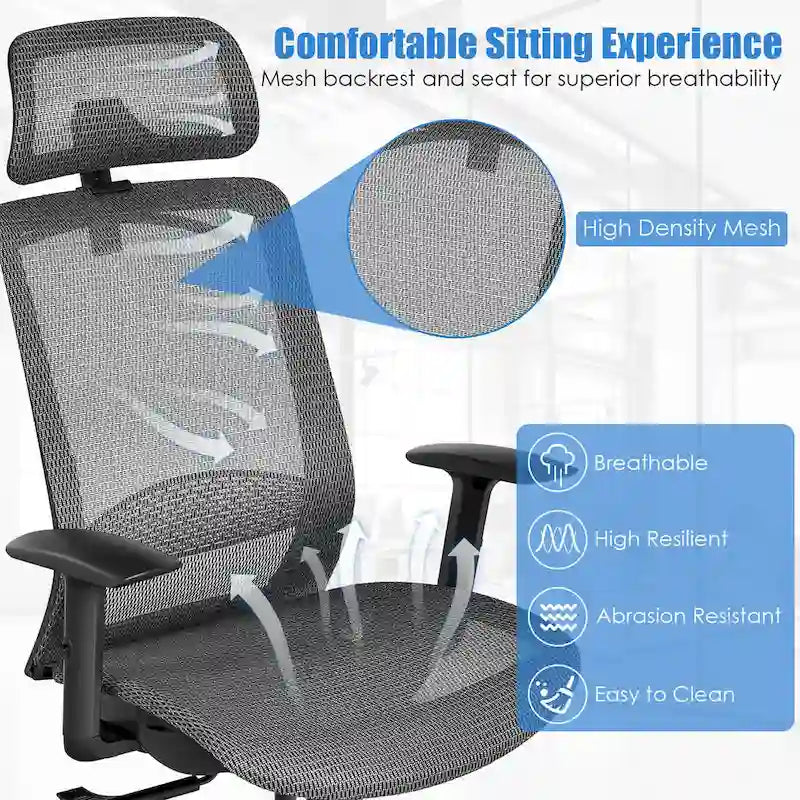 Chaise de bureau ergonomique à dossier haut en maille avec repose-pieds inclinable