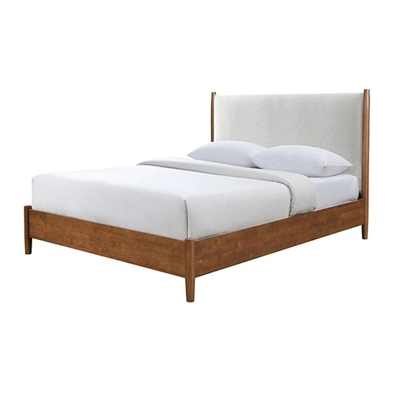 Lit double Carry Queen, tête de lit rembourrée en bouclette beige, bois massif noyer marron