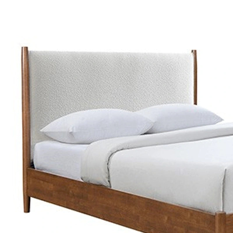 Lit double Carry Queen, tête de lit rembourrée en bouclette beige, bois massif noyer marron