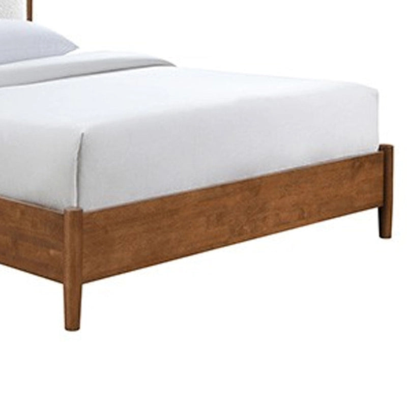 Lit double Carry Queen, tête de lit rembourrée en bouclette beige, bois massif noyer marron