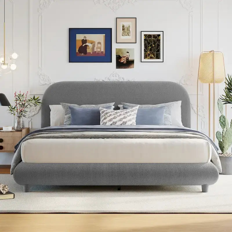 Cadre de lit avec tête de lit incurvée, lit plateforme rembourré en molleton Teddy avec tissu épais, lit bas en bois avec panneau