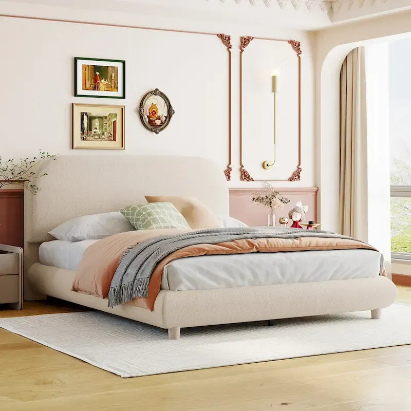 Cadre de lit avec tête de lit incurvée, lit plateforme rembourré en molleton Teddy avec tissu épais, lit bas en bois avec panneau