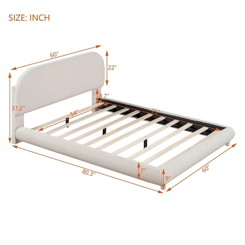 Cadre de lit avec tête de lit incurvée, lit plateforme rembourré en molleton Teddy avec tissu épais, lit bas en bois avec panneau