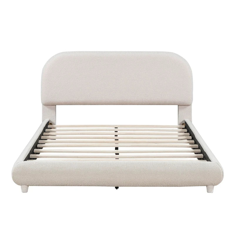 Cadre de lit avec tête de lit incurvée, lit plateforme rembourré en molleton Teddy avec tissu épais, lit bas en bois avec panneau