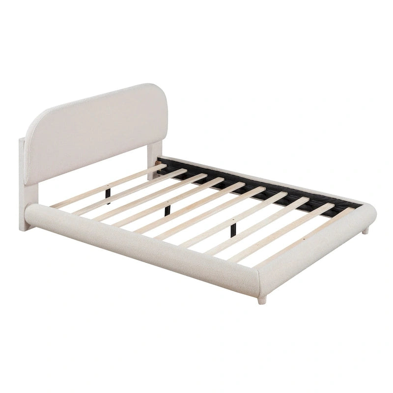 Cadre de lit avec tête de lit incurvée, lit plateforme rembourré en molleton Teddy avec tissu épais, lit bas en bois avec panneau
