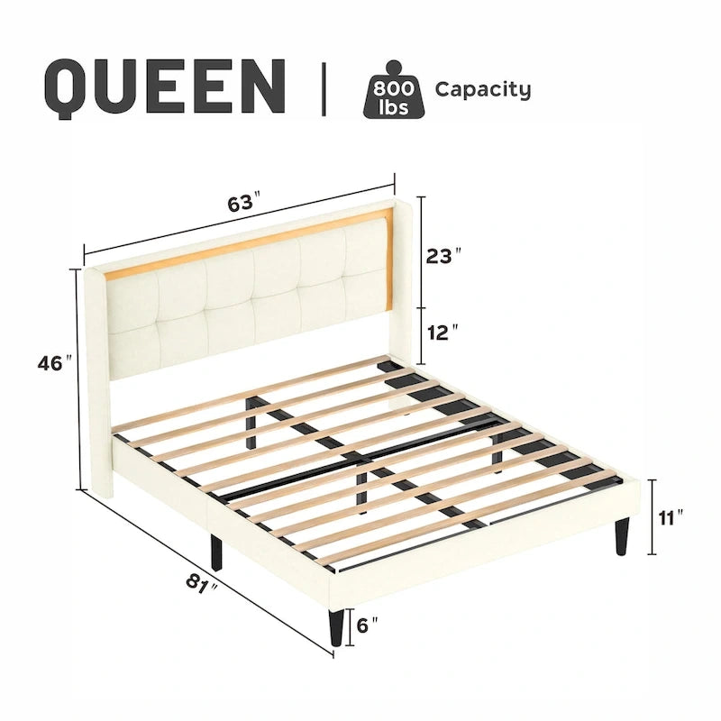 Cadre de lit plateforme capitonné blanc Queen Size avec tête de lit, lattes en bois robustes, haute capacité de charge
