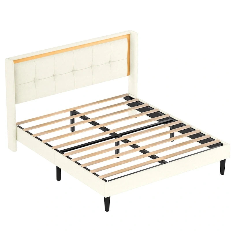 Cadre de lit plateforme capitonné blanc Queen Size avec tête de lit, lattes en bois robustes, haute capacité de charge