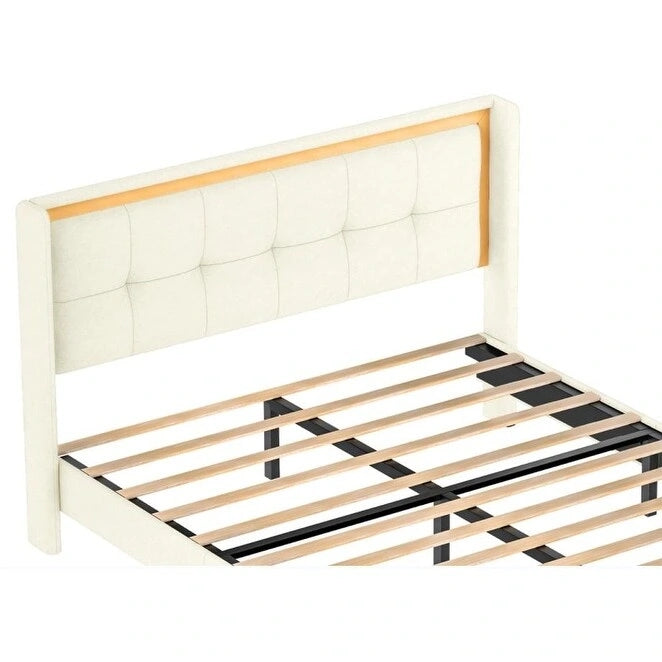 Cadre de lit plateforme capitonné blanc Queen Size avec tête de lit, lattes en bois robustes, haute capacité de charge