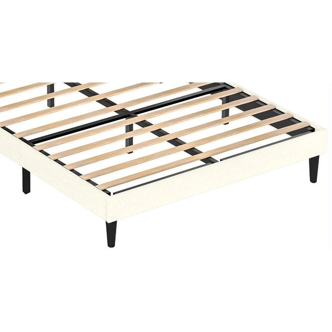 Cadre de lit plateforme capitonné blanc Queen Size avec tête de lit, lattes en bois robustes, haute capacité de charge