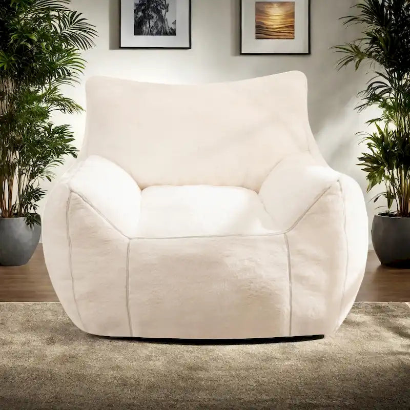 Pouf poire en fausse fourrure avec dossier, rembourrage en mousse déchiquetée haute densité et design polyvalent