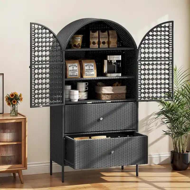 Meuble de rangement de cuisine en osier arqué de 65 po de hauteur, armoire de style fermier avec 3 étagères et 2 tiroirs