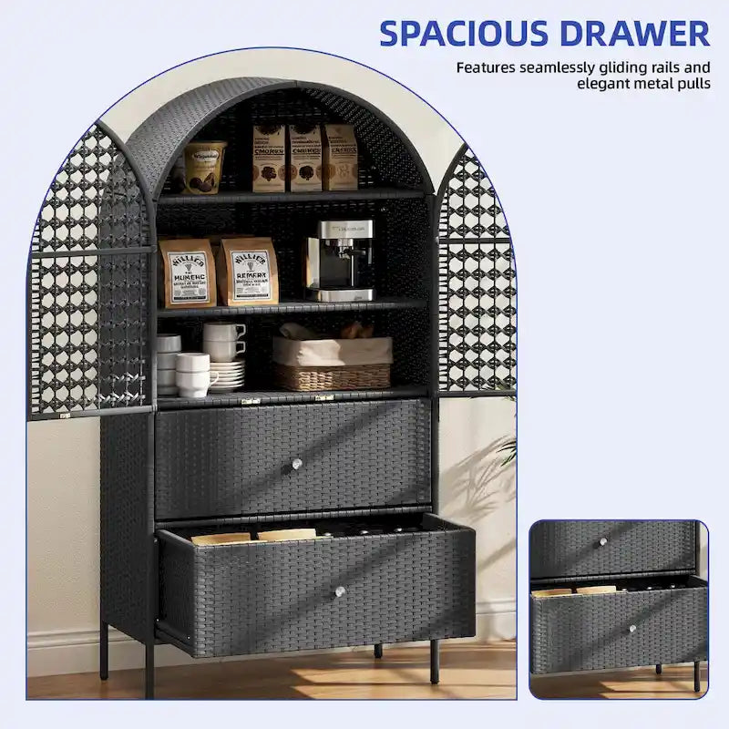 Meuble de rangement de cuisine en osier arqué de 65 po de hauteur, armoire de style fermier avec 3 étagères et 2 tiroirs