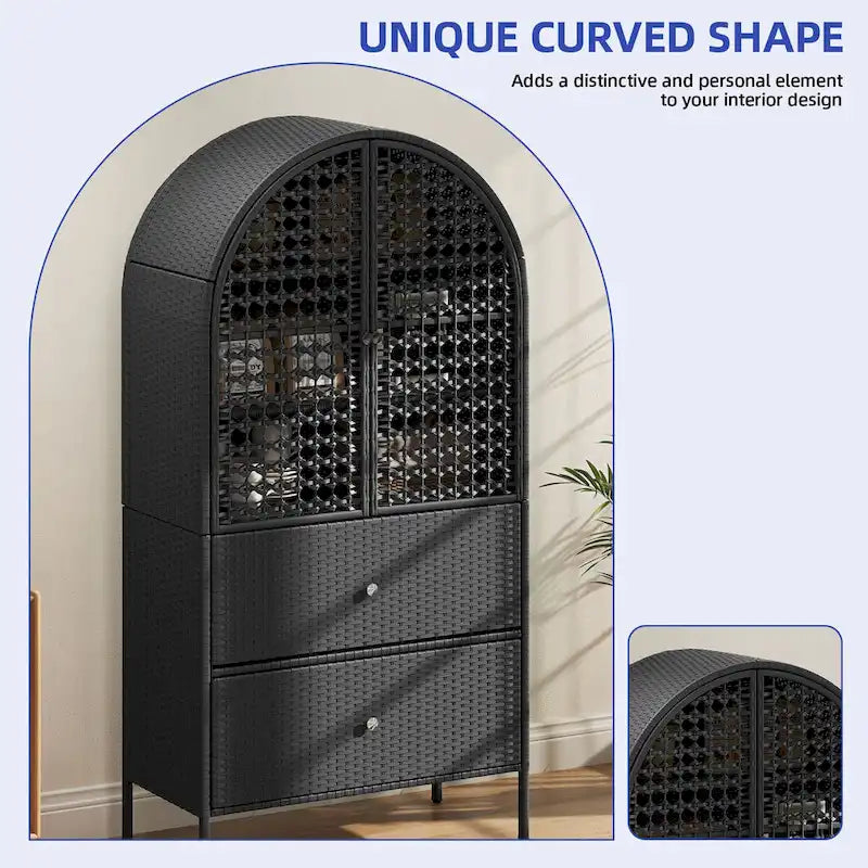 Meuble de rangement de cuisine en osier arqué de 65 po de hauteur, armoire de style fermier avec 3 étagères et 2 tiroirs