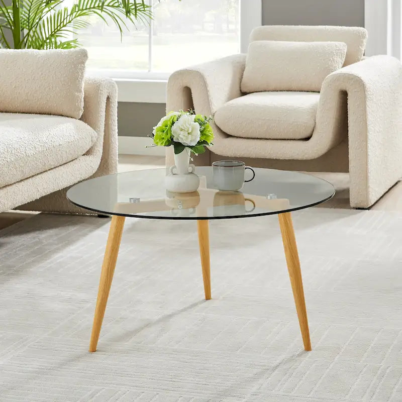 Table basse Van Beuren avec pieds coniques et plateau en verre