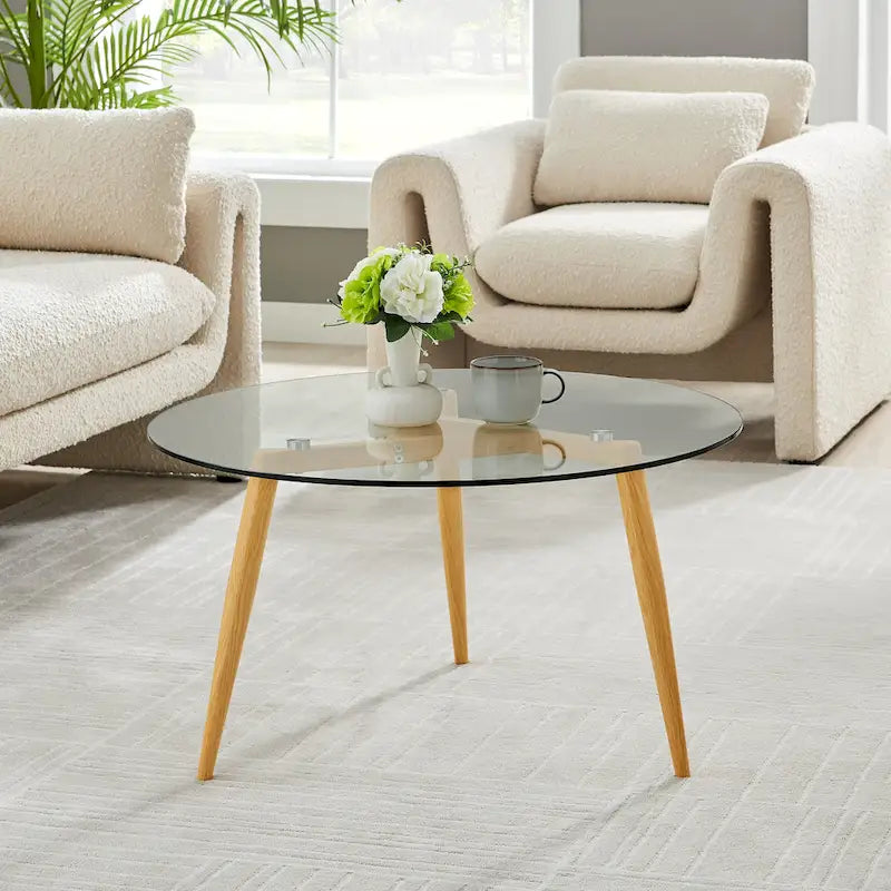 Table basse Van Beuren avec pieds coniques et plateau en verre