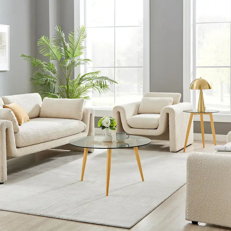 Table basse Van Beuren avec pieds coniques et plateau en verre