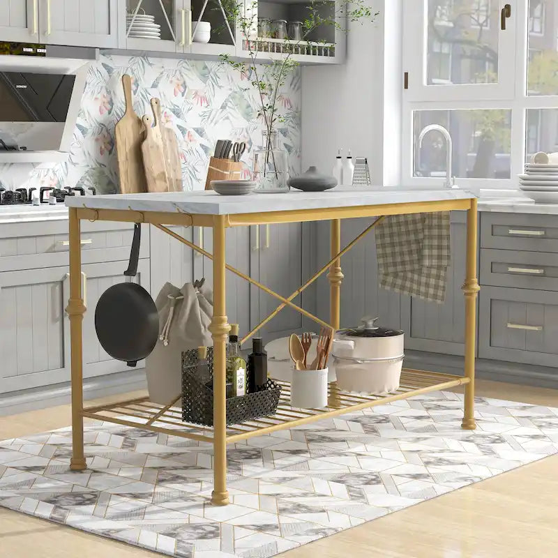 Îlot de cuisine contemporain Avya, dessus en marbre, 58 pouces de large, blanc et doré