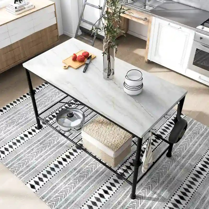 Îlot de cuisine contemporain Avya, dessus en marbre, 58 pouces de large, blanc et doré
