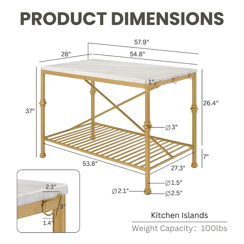 Îlot de cuisine contemporain Avya, dessus en marbre, 58 pouces de large, blanc et doré
