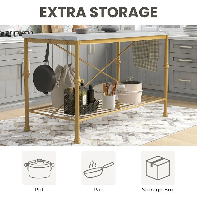 Îlot de cuisine contemporain Avya, dessus en marbre, 58 pouces de large, blanc et doré