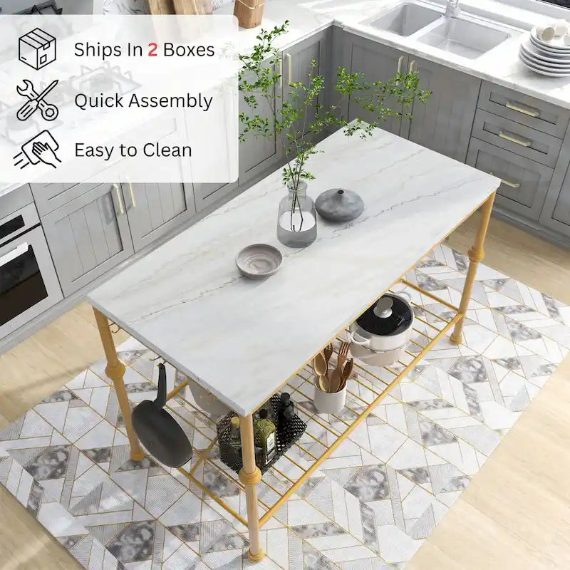 Îlot de cuisine contemporain Avya, dessus en marbre, 58 pouces de large, blanc et doré