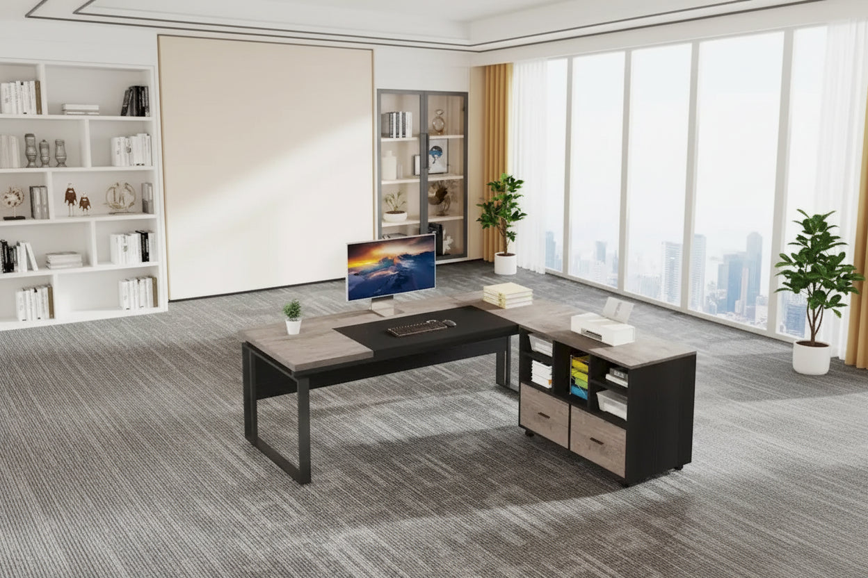 L-Shaped Executive Desk with File Cabinet