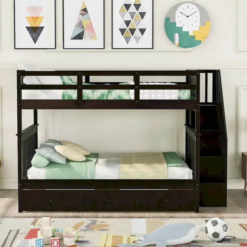 Lit superposé complet sur complet avec tiroir, rangement et barrière de sécurité pour chambre à coucher, couleur expresso (ancien SKU : LP000310AAP)