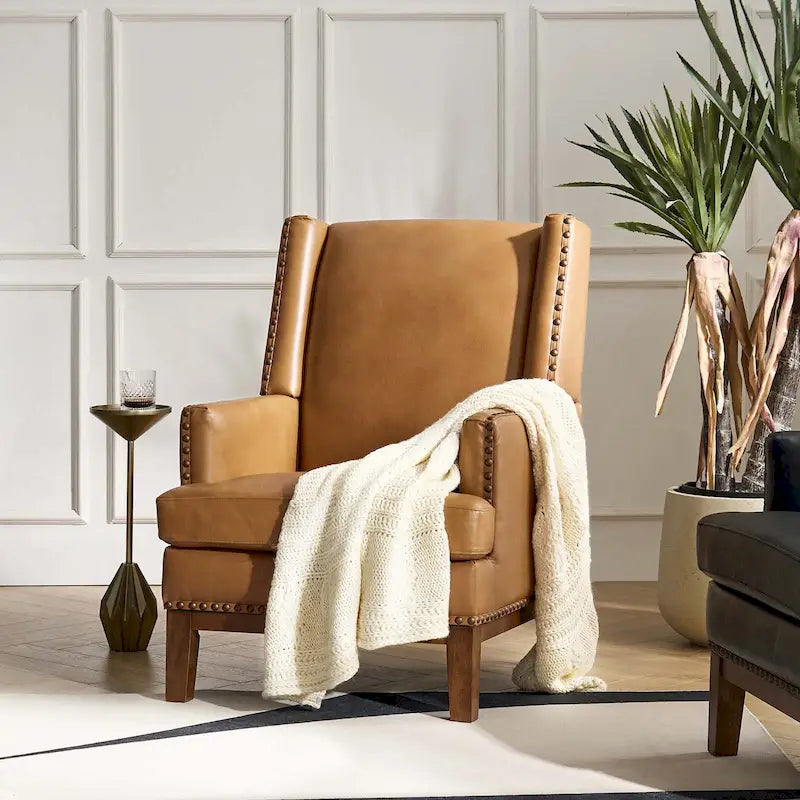 Fauteuil Lourdes en cuir véritable avec structure en bois massif et coussin d'assise amovible