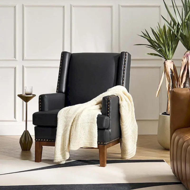 Fauteuil Lourdes en cuir véritable avec structure en bois massif et coussin d'assise amovible