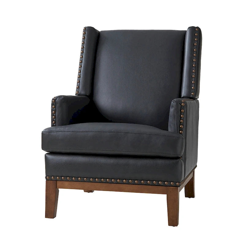 Fauteuil Lourdes en cuir véritable avec structure en bois massif et coussin d'assise amovible