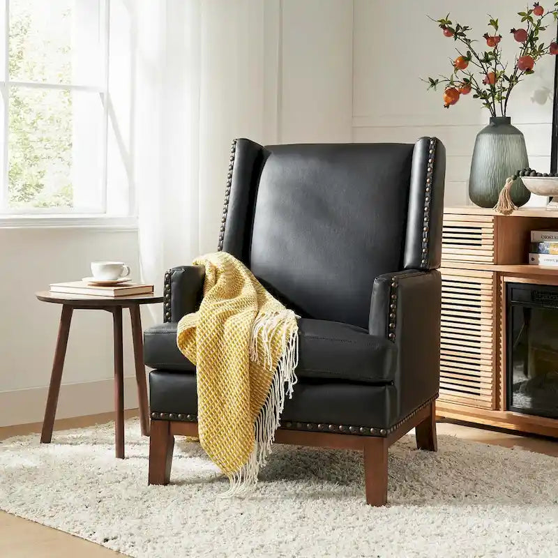 Fauteuil Lourdes en cuir véritable avec structure en bois massif et coussin d'assise amovible