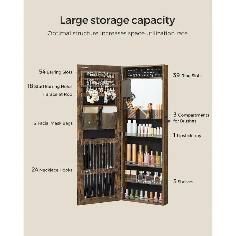 Armoire à bijoux verrouillable en bois blanc avec miroir – 14,8L x 3,8P x 42,5H