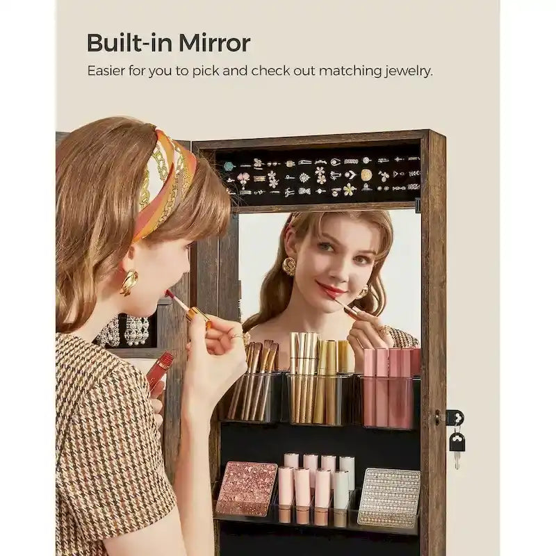 Armoire à bijoux verrouillable en bois blanc avec miroir – 14,8L x 3,8P x 42,5H