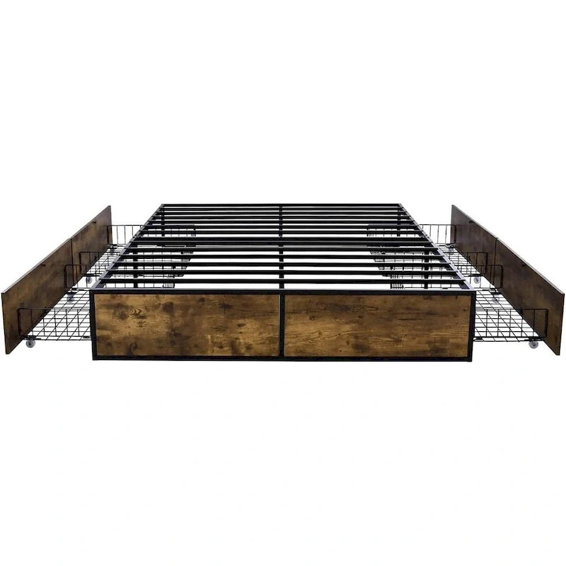 Cadre de lit plateforme Queen en métal et bois avec 4 tiroirs de rangement - Poids maximal de 360 kg