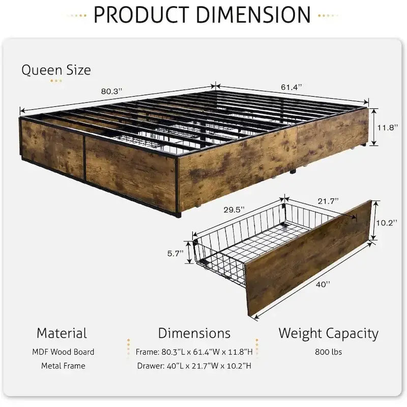 Cadre de lit plateforme Queen en métal et bois avec 4 tiroirs de rangement - Poids maximal de 360 kg