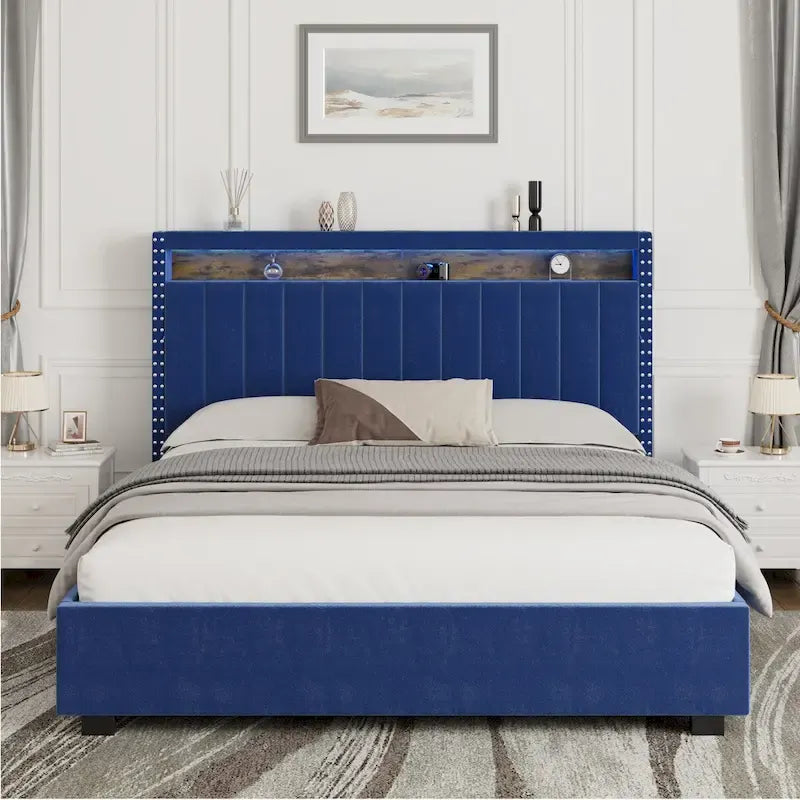 Lit de rangement Queen Size avec vérins à gaz et lumières LED RF, tête de lit de rangement, velours Queen Size