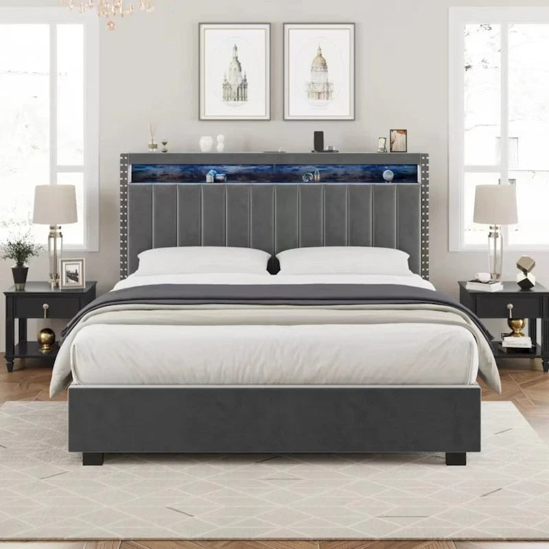 Lit de rangement Queen Size avec vérins à gaz et lumières LED RF, tête de lit de rangement, velours Queen Size