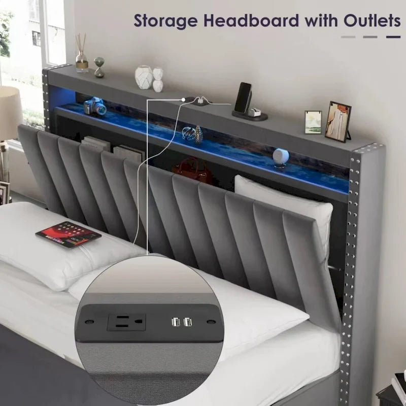 Lit de rangement Queen Size avec vérins à gaz et lumières LED RF, tête de lit de rangement, velours Queen Size