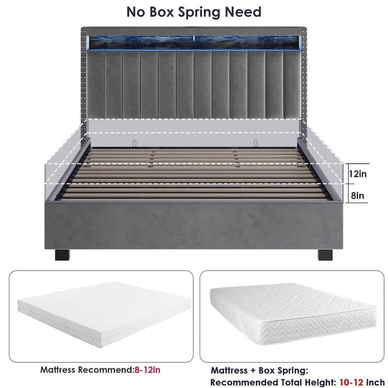 Lit de rangement Queen Size avec vérins à gaz et lumières LED RF, tête de lit de rangement, velours Queen Size