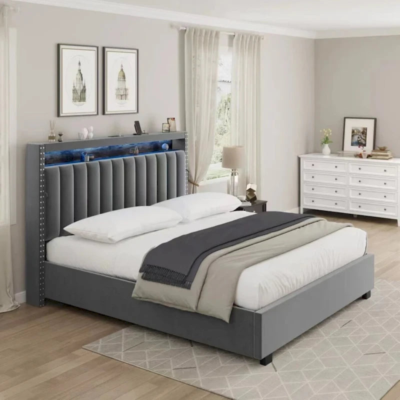 Lit de rangement Queen Size avec vérins à gaz et lumières LED RF, tête de lit de rangement, velours Queen Size