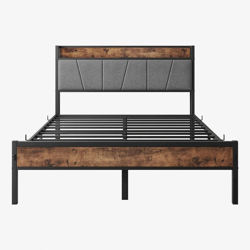 Full Size Bed Frame, Storage Headboard with Charging Station, No Box Spring Needed, Vintage Brown and Gray