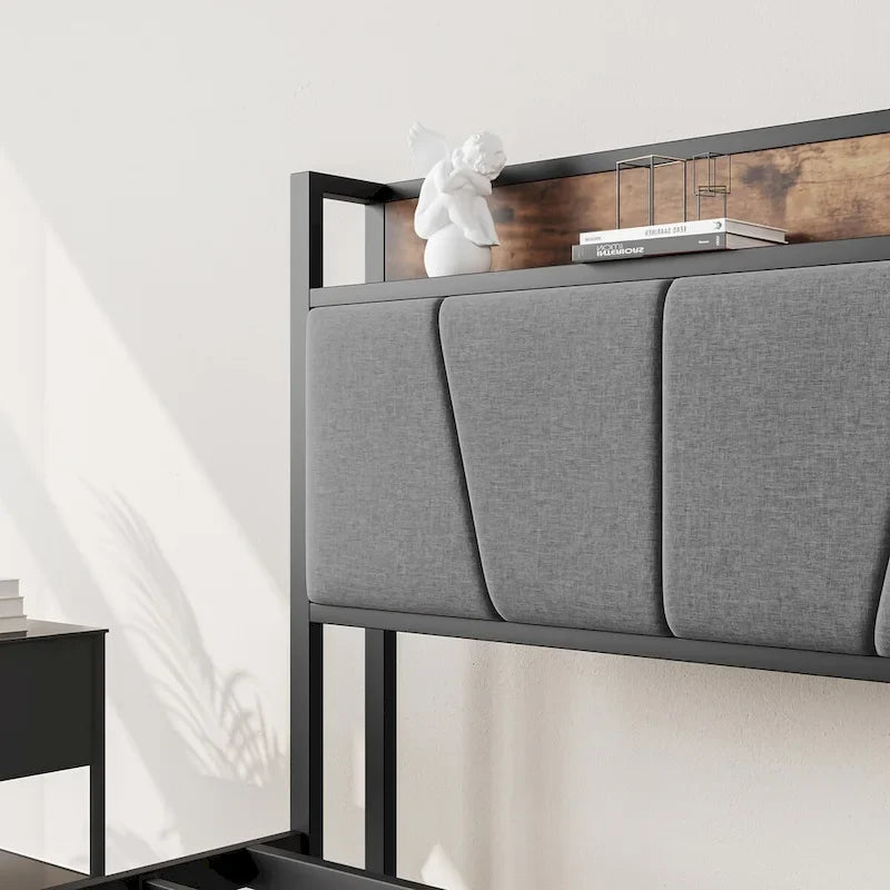 Cadre de lit double, tête de lit avec rangement et station de recharge, pas besoin de sommier tapissier, marron et gris vintage