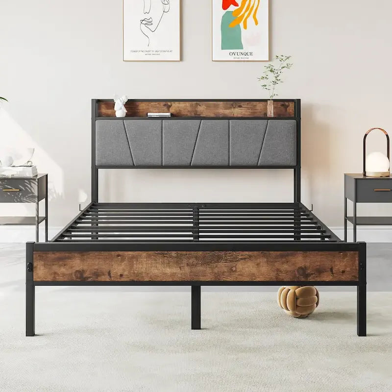 Cadre de lit double, tête de lit avec rangement et station de recharge, pas besoin de sommier tapissier, marron et gris vintage